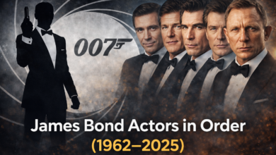 Illustration showing James Bond actors in order from 1962 to 2025 including Sean Connery, Roger Moore and Daniel Craig
