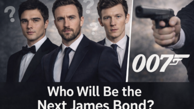 Who Will Be the Next James Bond? Potential 007 actors in tuxedos with iconic Bond theme background
